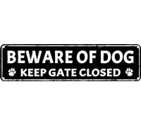 Targa vintage in metallo con scritta in lingua inglese "Beware of Dog Keep Gate Closed", classica segnaletica di avvertimento in bianco e nero con impronte di zampe, decorazione per interni ed esterni