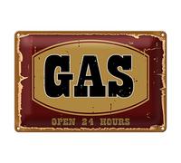 Targa vintage in metallo | Gas | Open 24 Hours | Decorazione retrò | 18 cm x 12 cm