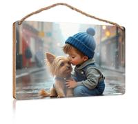 Targhe divertenti per uomini, bambini e cani sotto la pioggia, cartello in legno primaverile per portico, decorazione autunnale per ufficio (23 x 35 cm)