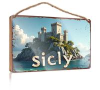 Targhe divertenti per uomini, castello siciliano in riva al mare: un paesaggio boscoso da sogno, cartello da bagno per porta d'ingresso, cartello in legno (15 x 28 cm)