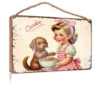 Targhe divertenti per uomini, Sweet Moments: A Girl And Her Puppy Godendo i biscotti insieme, cartello in legno per porta d'ingresso (15 x 28 cm)