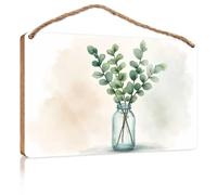 Targhe in legno per artigianato, eucalipto verde in un vaso di vetro, cartello in legno, decorazione per piscine, da appendere all'aperto, cartello da bagno (15 x 28 cm)