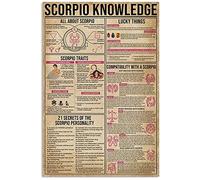 Targhe in metallo con la scritta "Scorpione Knowledge", poster retrò con infografica sullo Scorpione, guida per club di astrologia, decorazione da parete per ufficio, casa, stanza, 12x16 pollici