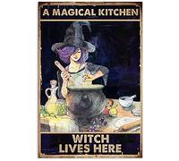 Targhe in metallo con scritta "Cucina da strega", decorazioni vintage per la cucina, poster in latta con scritta "Una strega magica vive qui", decorazioni da parete per la cucina in stile fattoria,
