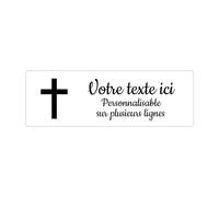 Targhetta con incisione a forma di croce cristiana autoadesiva, 20 x 6,5 cm, personalizzata, 1 a 3 righe, colore: bianco