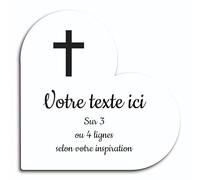 Targhetta con incisione a forma di croce cristiana autoadesiva, modello cuore (15 x 15 cm) personalizzata da 1 a 3 righe, colore: bianco