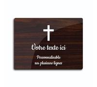 Targhetta con incisione a forma di croce cristiana autoadesiva, modello rettangolare (20 x 15 cm) personalizzata 1 a 3 linee in legno