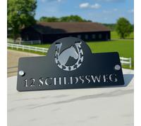 Targhetta con numero civico galleggiante personalizzabile, taglio laser moderno, con design a ferro di cavallo, in acrilico nero opaco e argento