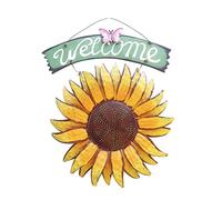 Targhetta di benvenuto in ferro vintage da appendere a forma di girasole con farfalla di girasole, targa di benvenuto con margherita vista porta da appendere per porta del giardino, cancello e