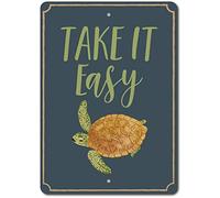 Targhetta in alluminio con scritta "Take It Easy" con tartarughe da spiaggia, stile vintage, 20 x 30 cm
