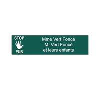 Targhetta incisa per nome cassetta postale STOP PUB autoadesiva, 10 x 2,5 cm, personalizzata da 1 a 3 righe, verde scuro