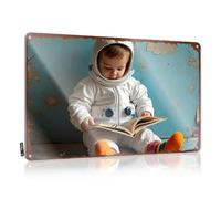 Targhetta per adulti con scritta "Cave Curious Astronaut In Training: Exploring The Stars Through Books", targa in latta con scritta "Little Man" (20 x 30 cm)