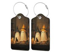 Targhetta per bagagli con due simpatici fantasmi e gatto nero per valigia, confezione da 2 etichette per bagagli in pelle con patta per la privacy, etichetta identificativa con nome e anello in