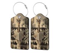 Targhetta per bagagli con giraffa con occhiali sul WC, per lettura, giornale, valigia, confezione da 2, in pelle, con patta per la privacy, etichetta identificativa e anello in metallo, per donne e