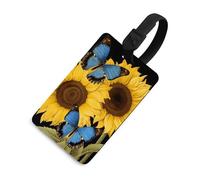 Targhetta per bagagli con girasoli gialli con farfalle blu con nome ID Card in pelle impermeabile etichette per valigie accessori da viaggio per adulti donne uomini