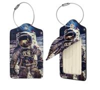 Targhetta per bagagli con luna e astronauta americana, in pelle PU, con anello in acciaio inossidabile e carta indirizzo, etichette per bagagli, etichette da viaggio, etichette identificative per