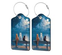 Targhetta per bagagli con tre gatti seduti su una panchina per valigia, confezione da 2, in pelle, con patta per la privacy, etichetta identificativa e anello in metallo, per donne e uomini, da