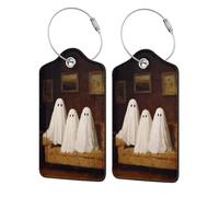Targhetta per bagagli per valigia, con scritta "Family of Ghosts Seduta sul Divano", confezione da 2, in pelle, con patta per la privacy, etichetta identificativa con nome e anello in metallo, per
