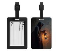 Targhetta per bagagli, valigia, valigia, bagaglio, con figura mantellata che tiene una vecchia lanterna