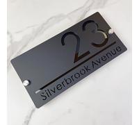 Targhetta per numero civico da esterno, design sospeso, targhetta per numero civico personalizzata, cartello moderno in acrilico tagliato al laser 3D con nome della strada (nero e nero)