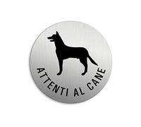 Targhetta per Porta - Attenti al cane Targa Ø 75 mm Alluminio spazzolato auto-adhesiva