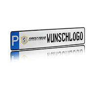 Targhetta personalizzata per parcheggio, 520 x 110 mm, con simbolo a P in alluminio, targa a scelta con il proprio nome per parcheggio (02 P, logo + testo a scelta)