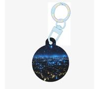 Targhetta rotonda per cani con luci blu nella città di notte, in acrilico, resistente ed elegante, perfetta per animali domestici di piccola e grande taglia