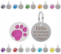 Targhette identificative personalizzate per cani e gatti con incisione - Personalizzate con la tua scelta di testo su un'impronta di zampa glitterata rotonda in acciaio inossidabile - Scelta di