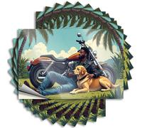 Targhette in metallo con scritta "Man and His Dog" che si rilassano accanto alla moto in stile tropicale, 10 pezzi, cartelli sarcastici, divertenti cartelli per casa e bar (6 x 9 cm)