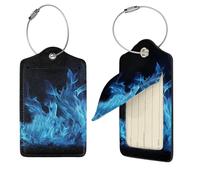 Targhette per bagagli blu con fiamma, 1 per valigie, impermeabili, in pelle, per la privacy, con nome, etichetta identificativa e anello in metallo, etichette per bagagli per donne e uomini, da
