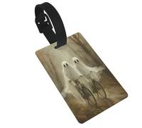 Targhette per bagagli con due fantasmi che cavalcano la bicicletta nella foresta nebbiosa con nome, etichetta identificativa per valigie, ideale per viaggi, crociere, zaini e borse