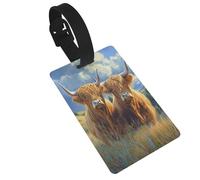 Targhette per bagagli con due mucche delle Highland con corna lunghe, etichetta identificativa per valigie, ideale per viaggi e crociere