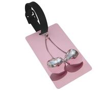 Targhette per valigie con due ciliegie argentate su rosa, ideali per zaini da crociera e borse