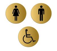 Targhette Toilette WC Donne Uomini Handicap Set di 3 Targa Ø 75 mm color oro auto-adhesiva