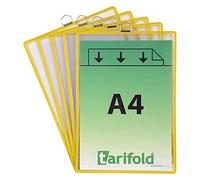 TARIFOLD, Fr 154504 - Confezione di 5 buste A4 da appendere in PVC con gancio in metallo, visualizzazione dei documenti A4, cornice resistente in filo di acciaio, colore: Giallo