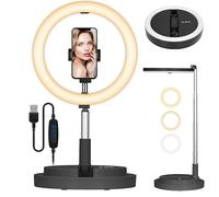 TARION Anello luminoso con supporto: anello luminoso da tavolo a LED da tavolo con supporto per telefono, illuminazione ad anello pieghevole per selfie, foto, videoconferenze, trucco, streaming live