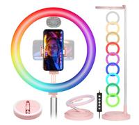 TARION Anello luminoso RGB per selfie, 17 modalità di illuminazione, pieghevole, con supporto e supporto per telefono, portatile, 30 cm, livestream, luce circolare a LED, altezza regolabile 52-169 cm,