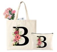 Tarklanda Borsa tote in tela con iniziale, borsa regalo personalizzata con borsa per il trucco floreale, adatta per matrimoni, compleanni, spiaggia, vacanze, ottimo regalo per donne, mamma,