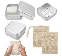 Tarqite 2 contenitori per sapone in alluminio, con griglia di scolapiatti e 2 reti per sapone, portasapone da viaggio e casa, portasapone portatile con coperchio per sapone da barba (argento, quadrato