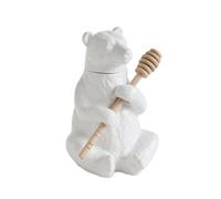 Tarro de miel con forma de oso blanco de Creative CoOp con tapa y cuchar n de bamb