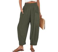 TARSE Pantaloni da donna in lino Boho estivi casual allentati a vita alta Cargo Lounge Harem Pant 2025 Abiti da vacanza da viaggio in spiaggia, Verde militare, L