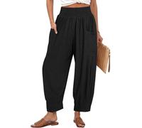 TARSE Pantaloni da donna in lino Boho estivi casual allentati a vita alta Cargo Lounge Harem Pant 2024 Abiti da vacanza da viaggio in spiaggia, nero, L