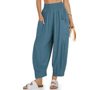 TARSE Pantaloni da donna in lino Boho estivi casual allentati a vita alta Cargo Lounge Harem Pant 2024 Abiti da vacanza da viaggio in spiaggia, Blu lago, XL
