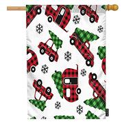 Tartan Check Trasporto natalizio Bandiera della casa di benvenuto, fiocco di neve Abeti Camion Auto Linee rosse Grandi bandiere da giardino 28x40 pollici Bandiera da cortile Banner Portico Bandiere