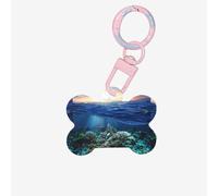Tartaruga marina galleggiante su e sopra corallo stampa 1 pz cane forma di osso ID tag double face con portachiavi artigianale per animali domestici