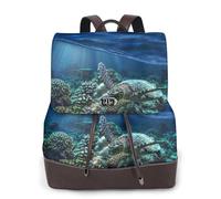 Tartaruga marina galleggiante su e sopra stampa corallo zaino da donna impermeabile antifurto leggero PU moda pelle nylon scuola borsa a tracolla zaino da viaggio, Nero , Taglia unica