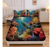 Tartarughe Della Barriera Corallina Lenzuolo Con Angoli, Vita Marina Lenzuolo Con Angoli King 150x200x30 cm, Multicolore Lenzuola in Microfibra Morbido Tasca Profonda 30 Cm Con 2 Federe