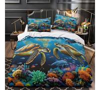 Tartarughe marine che nuotano copripiumino Set di 3 Pezzi morbida motivo 3D con federe per cuscini incluso federe Sottomarino Marino Set Di Copripiumino for coppie e ragazze Single（135x200cm）