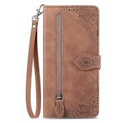Tasca con Cerniera Custodia a portafoglio per ZTE Blade A76 5G Flip Cover con chiusura magnetica,tasca con cerniera 7 scomparti per carte di credito Cinturino da Polso Fiore Cover Marrone