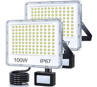 TASINUO Faro LED Esterno con Sensore Movimento 100W 2 Pezzi, 10000LM Faretto con Sensore di Movimento, 7000K Faretto LED da Esterno, Impermeabile IP67 Luci per Giardino, Terrazza, Garage